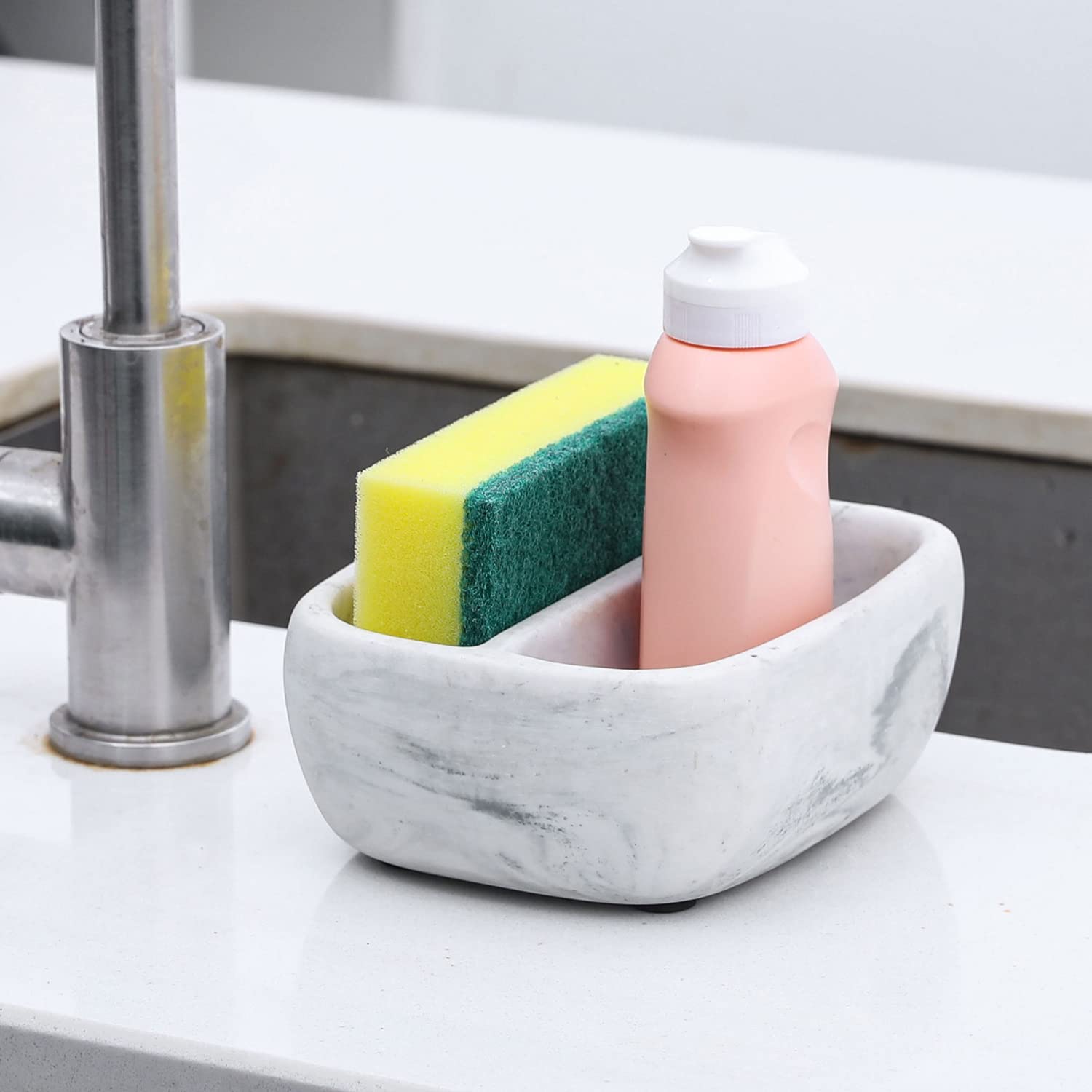 MyGift Modern White Resin Sponge Holder for Kitchen Sink, Countertop Sponge Dish with 2 Compartments and Marble Pattern