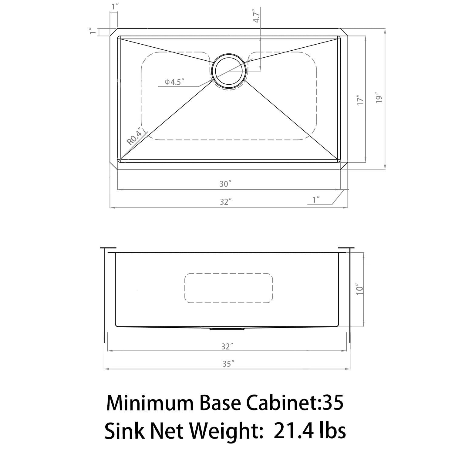 Sinber 32" x 19" x 10" Undermount Single Bowl Kitchen Sink with 16 Gauge 304 Stainless Steel Satin Finish HU3219S-16G (Sink Only)