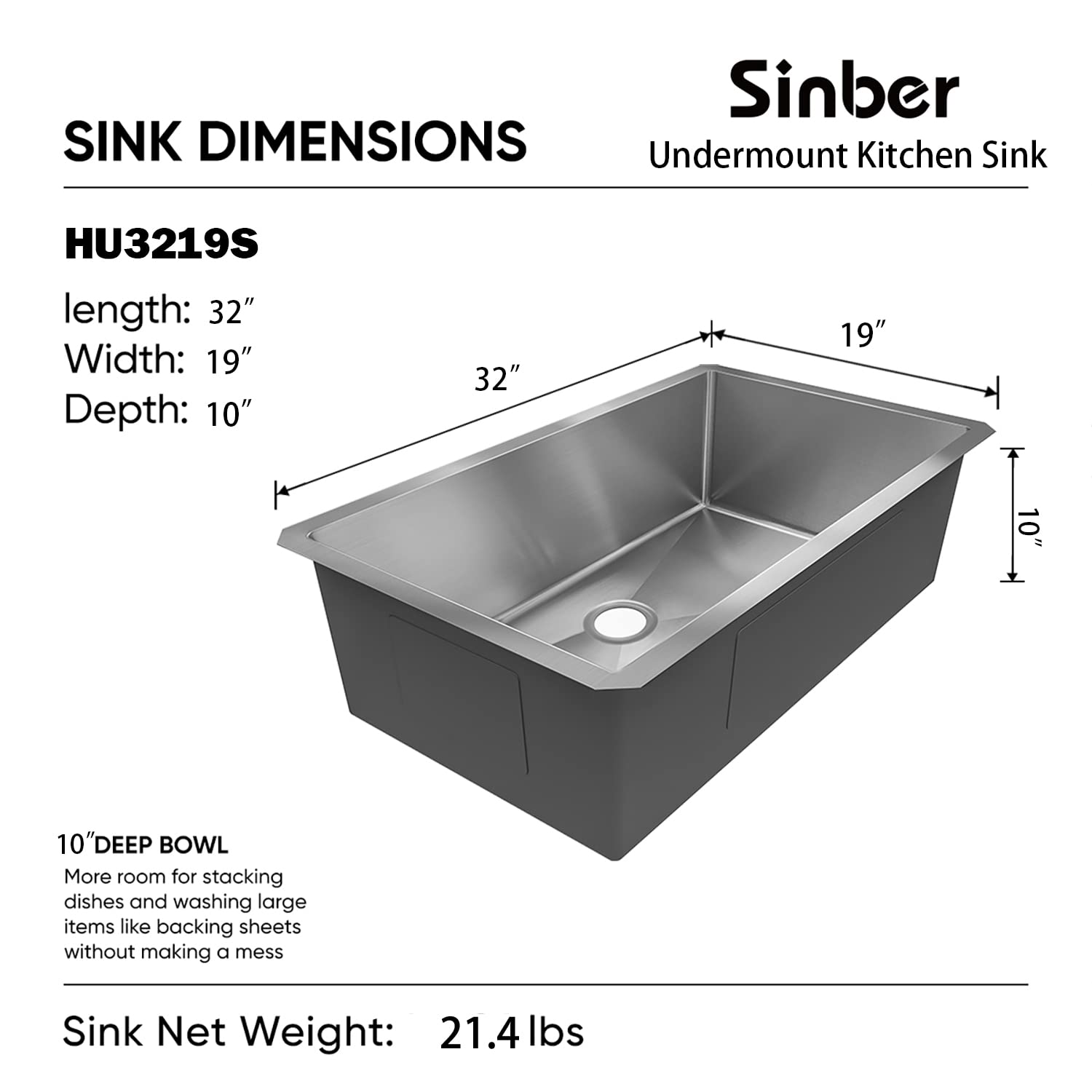 Sinber 32" x 19" x 10" Undermount Single Bowl Kitchen Sink with 16 Gauge 304 Stainless Steel Satin Finish HU3219S-16G (Sink Only)