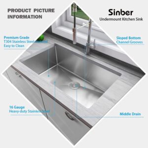 Sinber 32" x 19" x 10" Undermount Single Bowl Kitchen Sink with 16 Gauge 304 Stainless Steel Satin Finish HU3219S-16G (Sink Only)