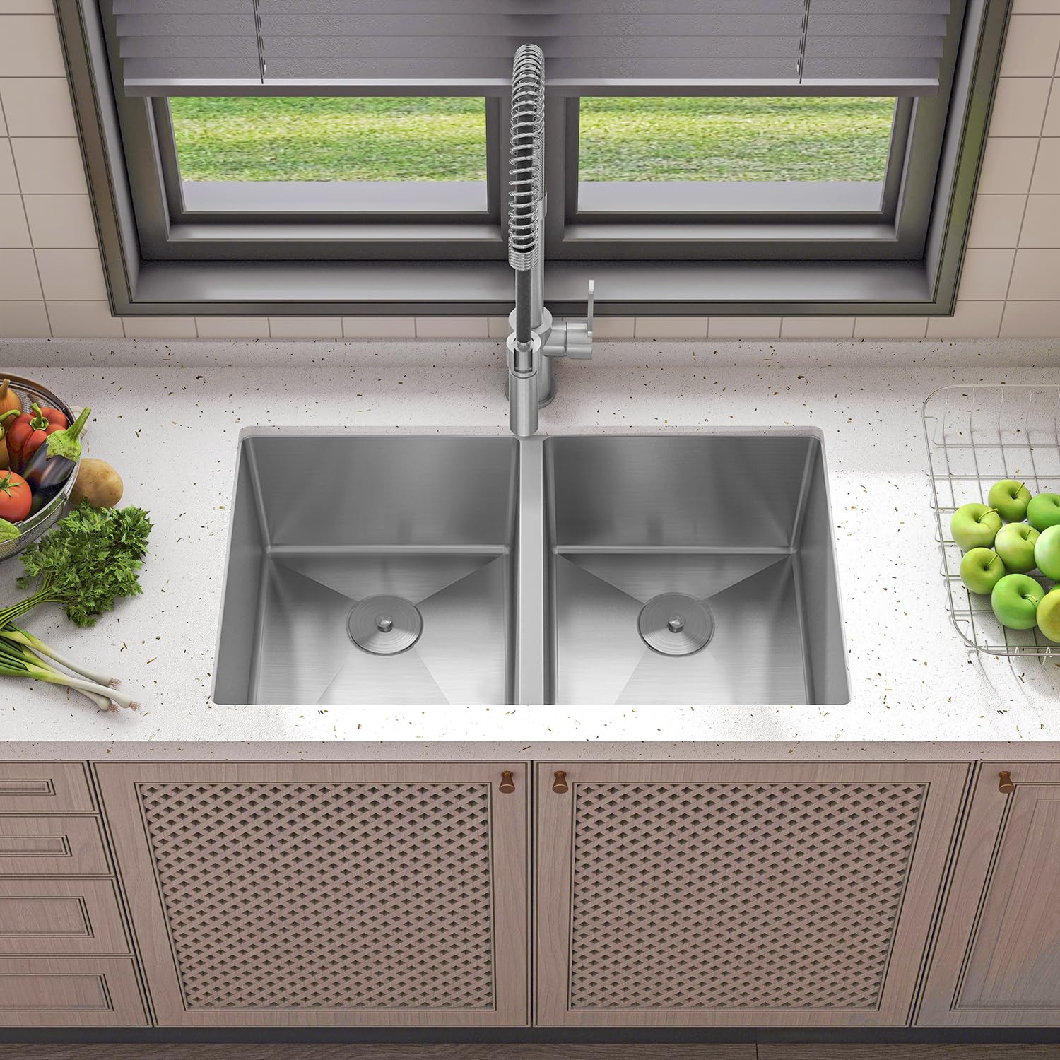 Sinber 32" x 19" x 10" Undermount Double Bowl Kitchen Sink with 16 Gauge 304 Stainless Steel Satin Finish HU3219D-S-16G (Sink Only)