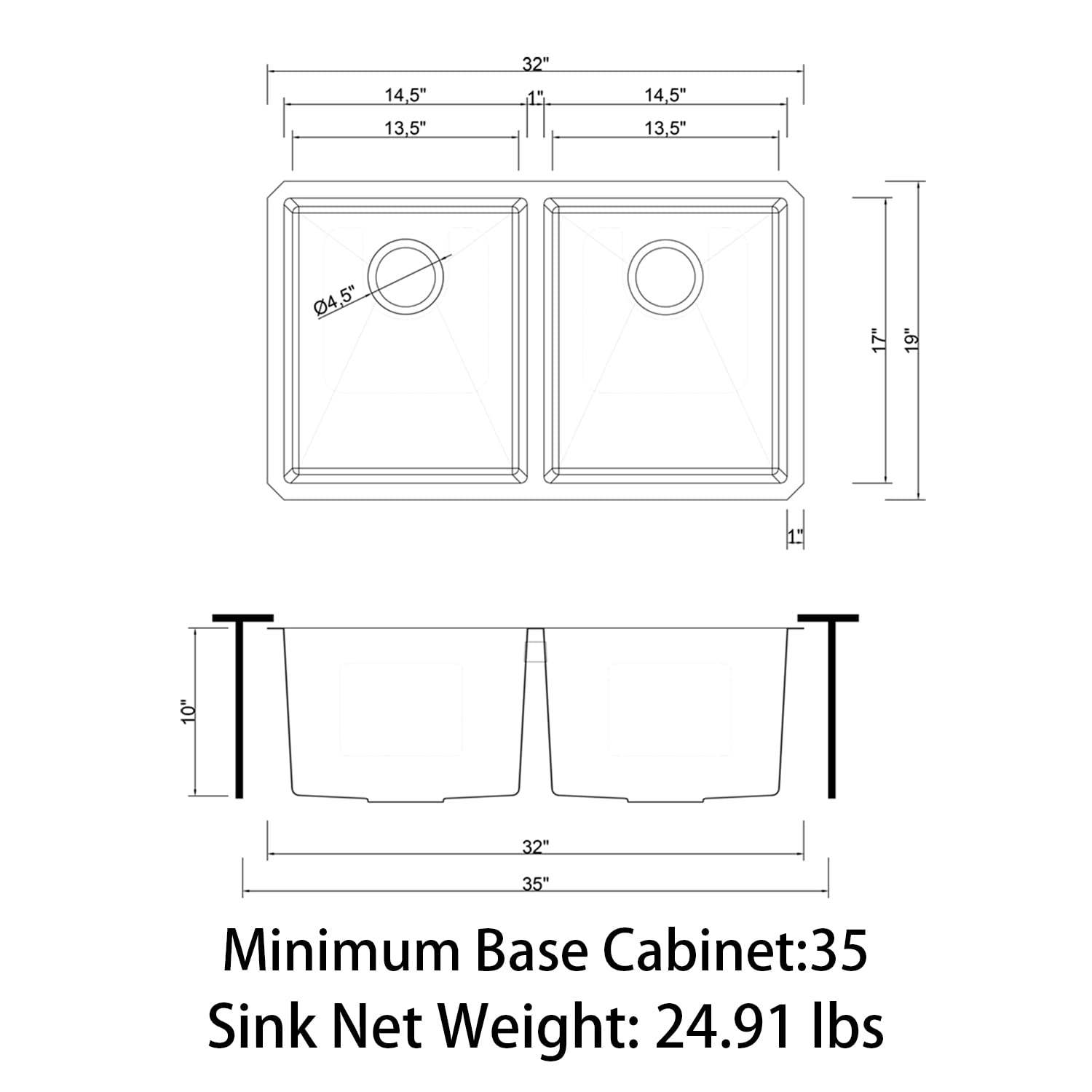 Sinber 32" x 19" x 10" Undermount Double Bowl Kitchen Sink with 16 Gauge 304 Stainless Steel Satin Finish HU3219D-S-16G (Sink Only)