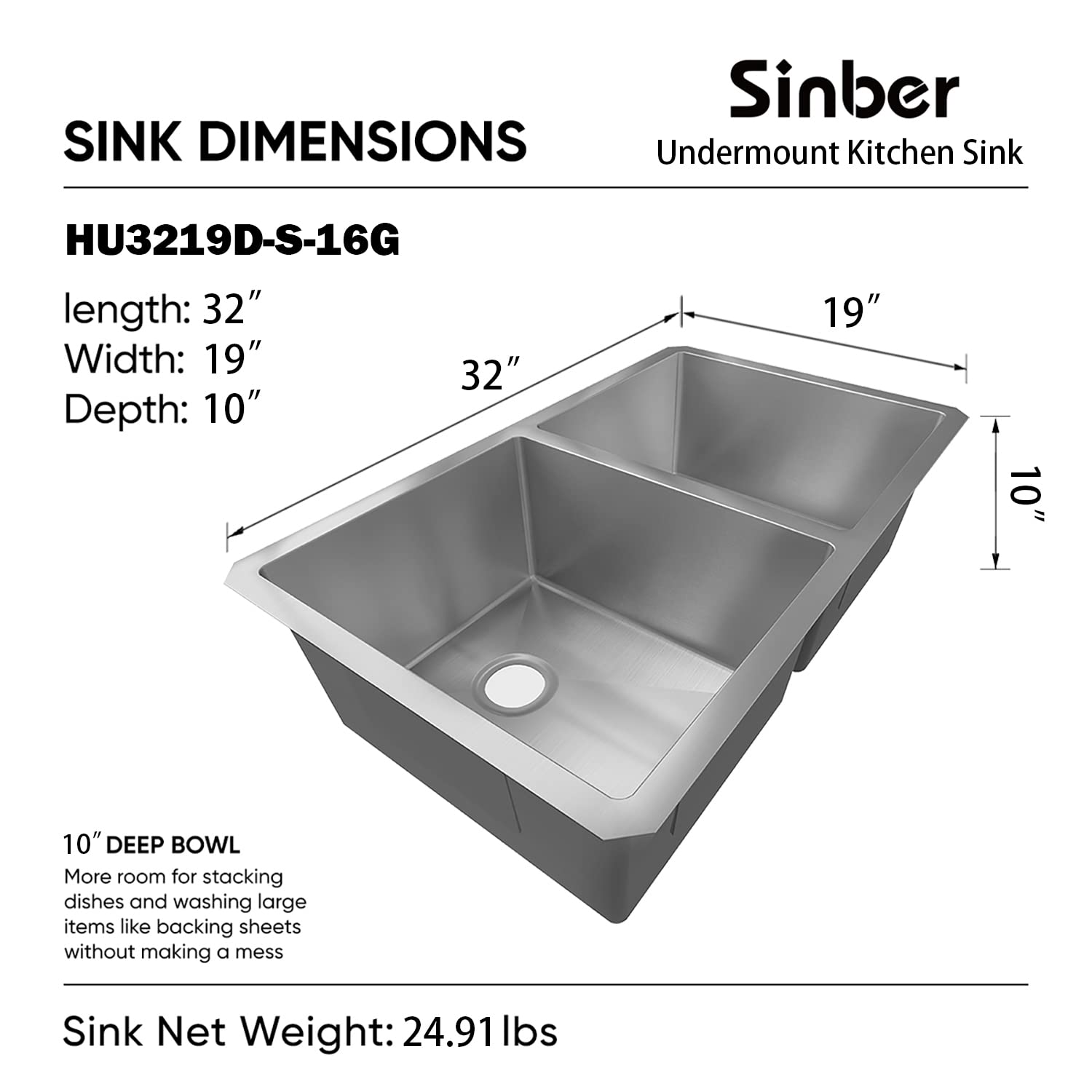 Sinber 32" x 19" x 10" Undermount Double Bowl Kitchen Sink with 16 Gauge 304 Stainless Steel Satin Finish HU3219D-S-16G (Sink Only)