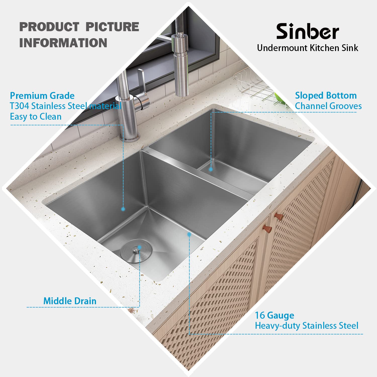 Sinber 32" x 19" x 10" Undermount Double Bowl Kitchen Sink with 16 Gauge 304 Stainless Steel Satin Finish HU3219D-S-16G (Sink Only)