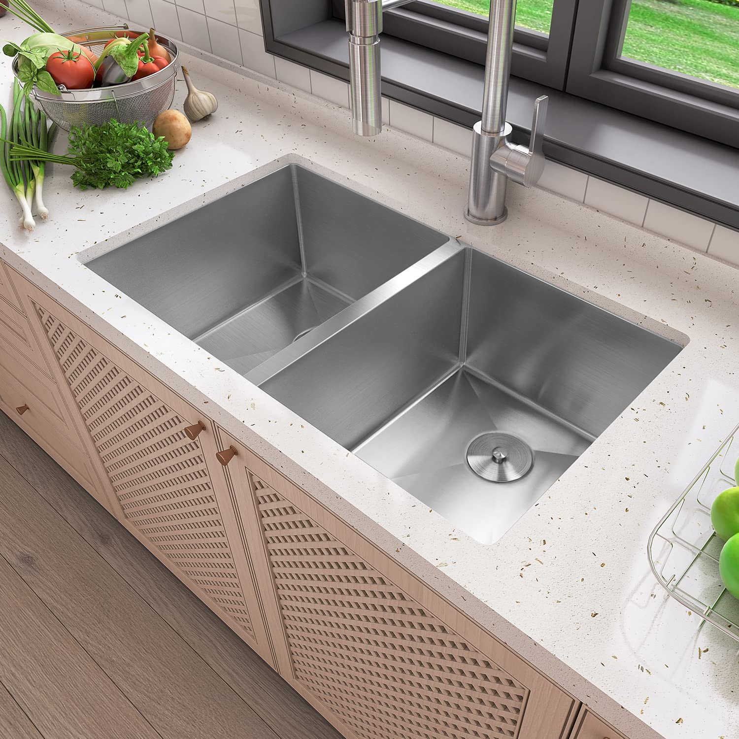 Sinber 32" x 19" x 10" Undermount Double Bowl Kitchen Sink with 16 Gauge 304 Stainless Steel Satin Finish HU3219D-S-16G (Sink Only)