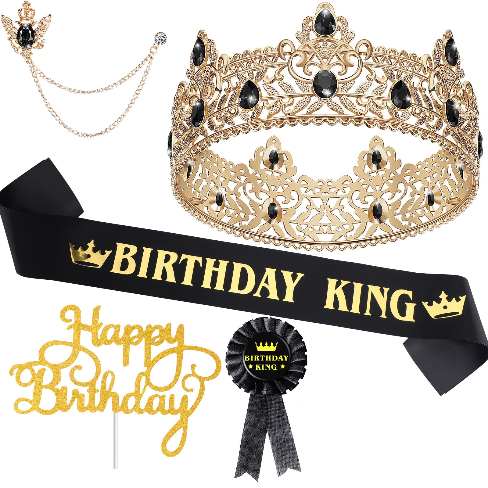 Junkin 5 Pieces Birthday Accessories Include Man Birthday King Crown Birthday King Sash Tinplate Badge Pin Crown Brooch Hanging Chain Men Birthday Crown for Man Birthday Party (Vibrant Style)