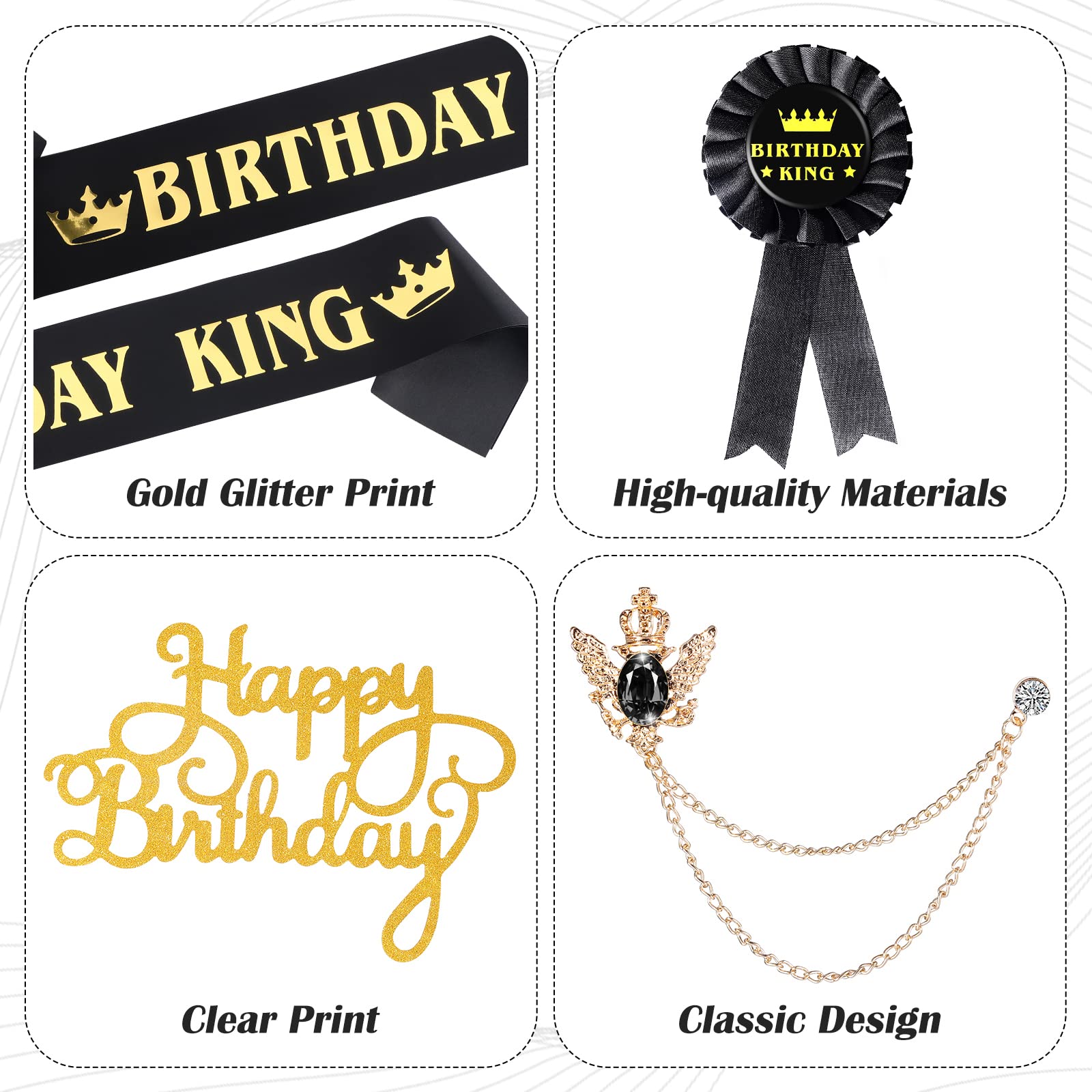 Junkin 5 Pieces Birthday Accessories Include Man Birthday King Crown Birthday King Sash Tinplate Badge Pin Crown Brooch Hanging Chain Men Birthday Crown for Man Birthday Party (Vibrant Style)