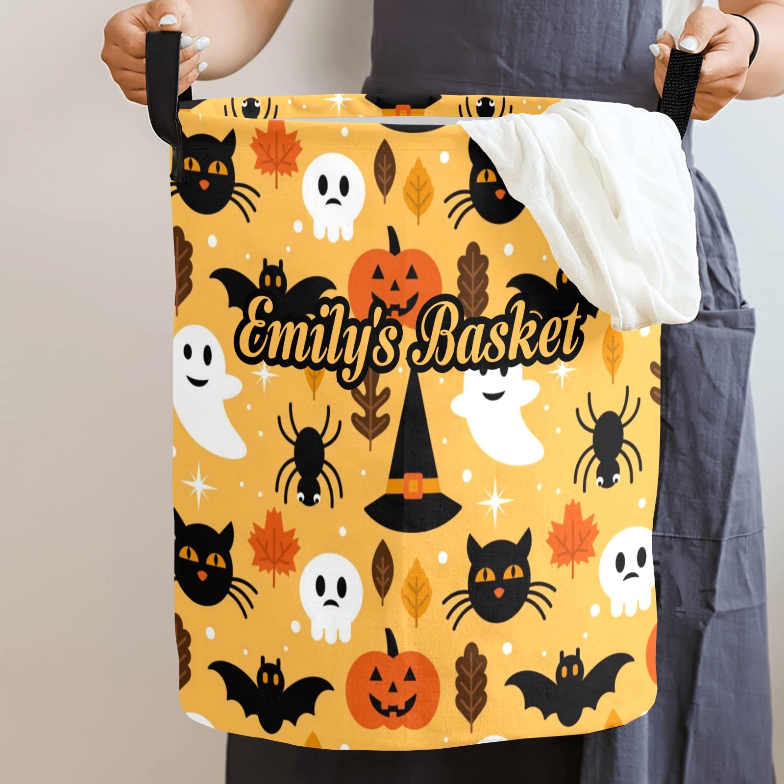 Halloween Ghost Pumpkin Personalized Freestanding Laundry Hamper, Custom Waterproof Collapsible Drawstring Basket Storage Bins with Handle for Clothes
