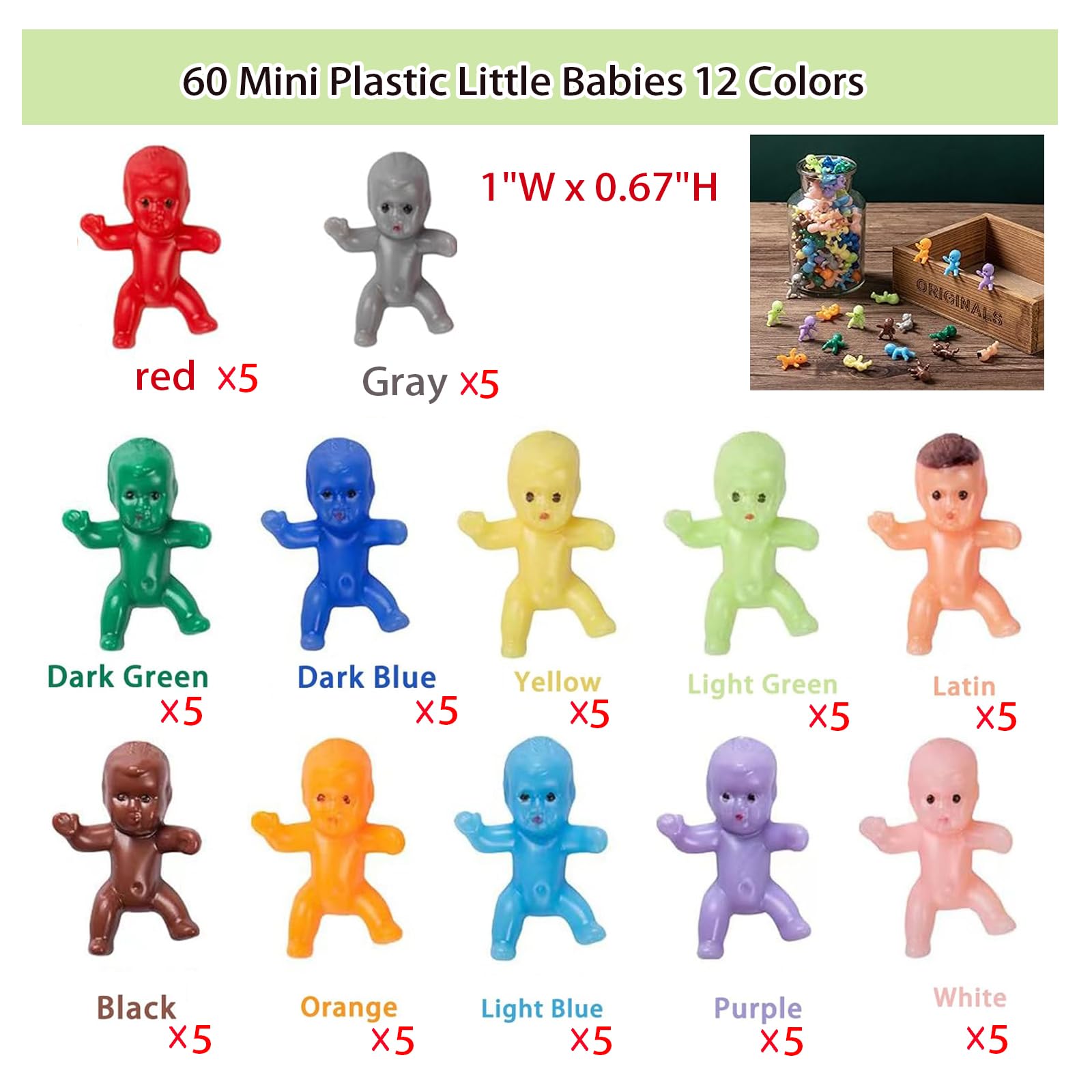 ZZYFGH 60 Mini Plastic Little Babies 12 Colors Tiny Figurines for Baby Shower Ice Cube Game, Bulk Small King Cake Dolls 1 Inch