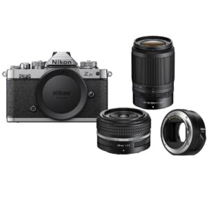 nikon z fc dx-format mirrorless camera with nikkor z 28mm f/2.8 (se) lens and z dx 50-250mm f/4.5-6.3 vr lens with ftz ii mount adapter