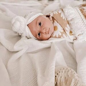 chungel cotton muslin baby blanket with tassel，large 47" x 47" baby receiving blanket with fringe, boho muslin swaddle blanket with fringe, nursery decor throw or nursing fringed blankets (white)