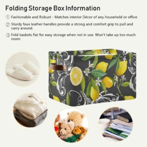 Large Foldable Storage Basket Lemon Yellow Limon Storage Bin Canvas Toys Box Fabric Decorative Collapsible Organizer Bag with Handles for Bedroom Home