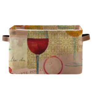 Red Wine Glasses Grapes Vintage Sheet Music Storage Baskets Large Foldable Storage Bin Canvas Toys Box Fabric Decorative Collapsible Organizer Bag with Handles 2 Pcs