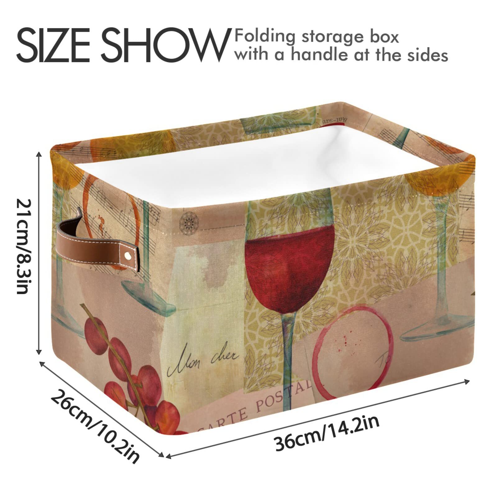 Red Wine Glasses Grapes Vintage Sheet Music Storage Baskets Large Foldable Storage Bin Canvas Toys Box Fabric Decorative Collapsible Organizer Bag with Handles 2 Pcs