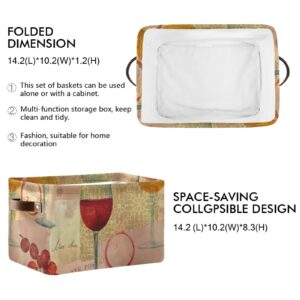 Red Wine Glasses Grapes Vintage Sheet Music Storage Baskets Large Foldable Storage Bin Canvas Toys Box Fabric Decorative Collapsible Organizer Bag with Handles 2 Pcs