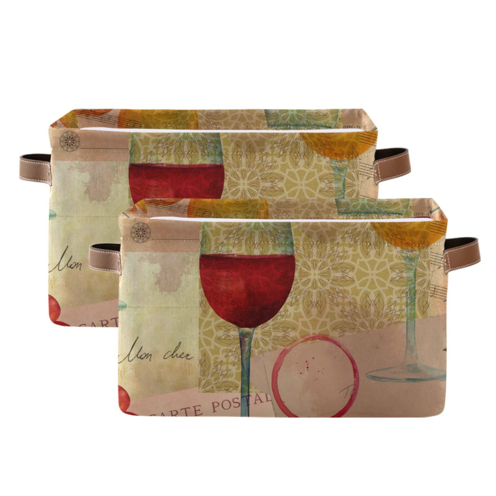 Red Wine Glasses Grapes Vintage Sheet Music Storage Baskets Large Foldable Storage Bin Canvas Toys Box Fabric Decorative Collapsible Organizer Bag with Handles 2 Pcs