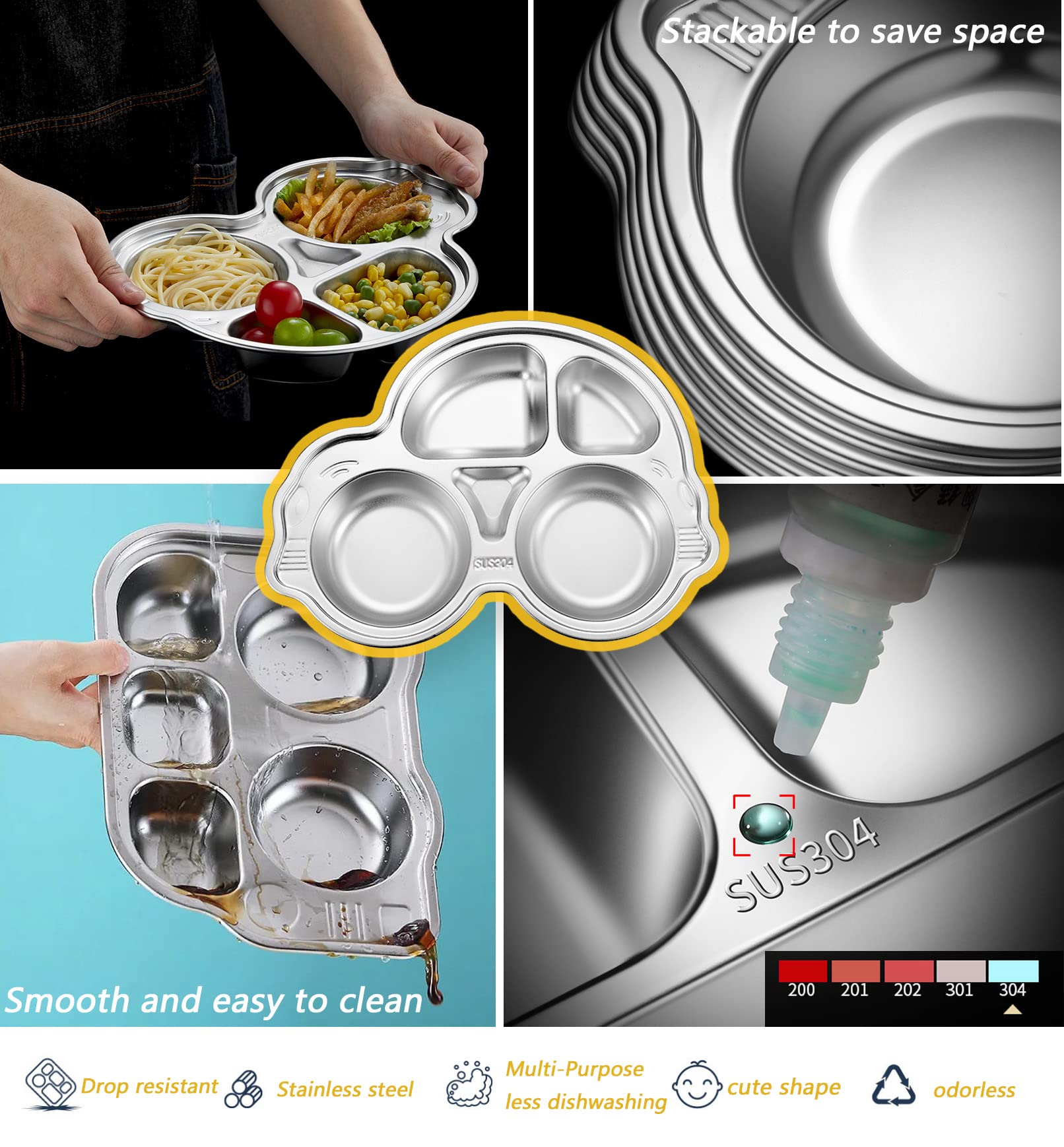 Stainless Steel Plate Divided Meal Tray Sections Dinner Dish for Babies, Toddlers and Kids Eating Food Car Shape BPA-Free Safe Fun Non-Toxic Heavy Duty (silver 2 pack)