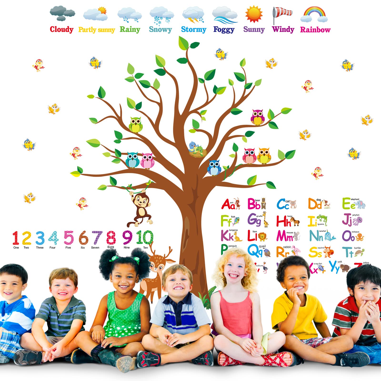 4 Sheets Number Wall Decals Numbers Learning Children Wall Decals Alphabet Wall Stickers ABC Numbers Weather Tree Wall Decals Animal Wall Decals for Kids Bedroom Classroom Playroom Wall Decor