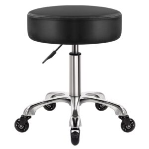 wkwker heavy duty rolling stool with wheels hydraulic swivel adjustable rolling stool ergonomic thick leather seat stool chair for kitchen drafting lab office salon message stool – black