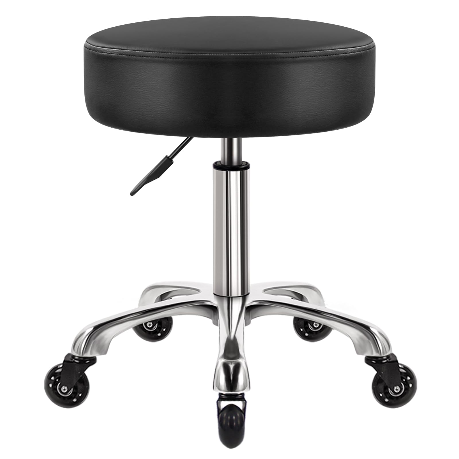 WKWKER Heavy Duty Rolling Stool with Wheels Hydraulic Swivel Adjustable Rolling Stool Ergonomic Thick Leather Seat Stool Chair for Kitchen Drafting Lab Office Salon Message Stool – Black