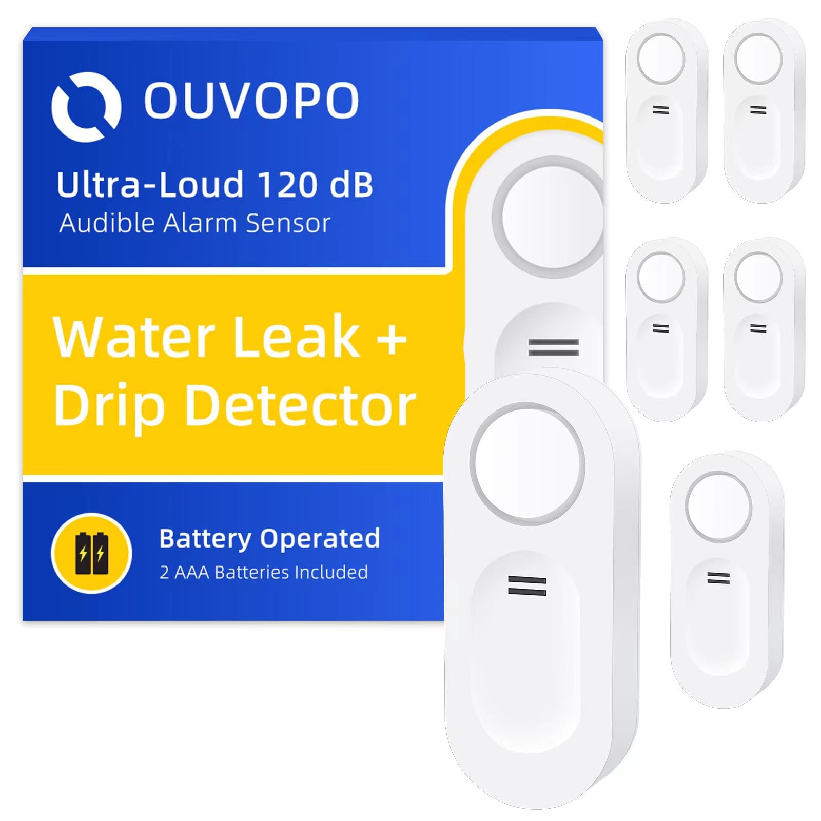 Water Leak Detectors 6 Pack, 120dB Water Alarm Sensor, Flood Detector, Sensitive Leak and Drip Alert Alarms, for Home, Kitchen, Bathroom, Basement (Battery Included)