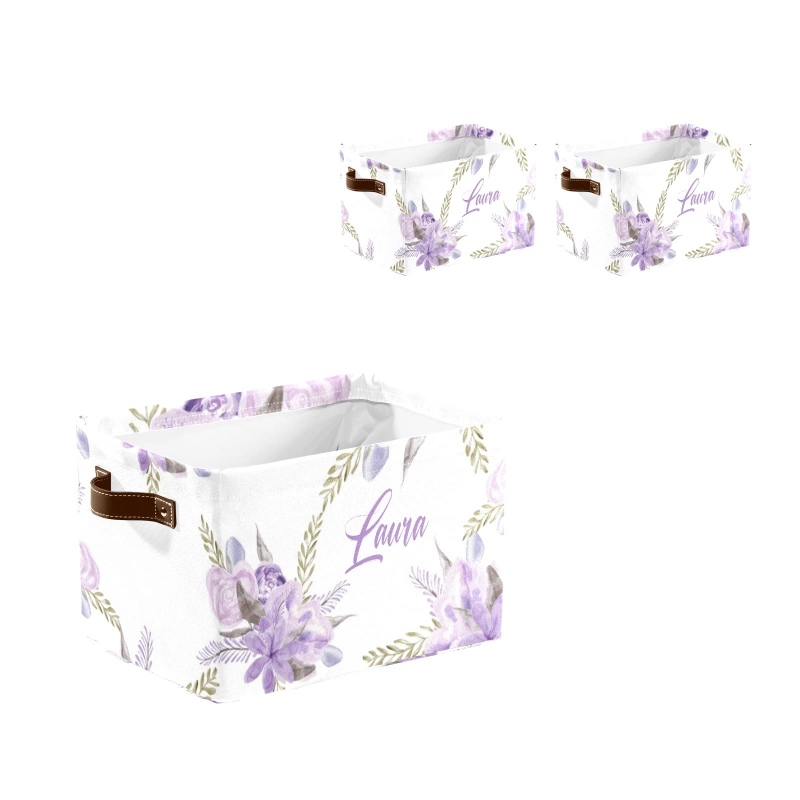 Purple Flower Personalized Custom Text Storage Bins with Handles Shelves Closet Storage Box 2 Pack