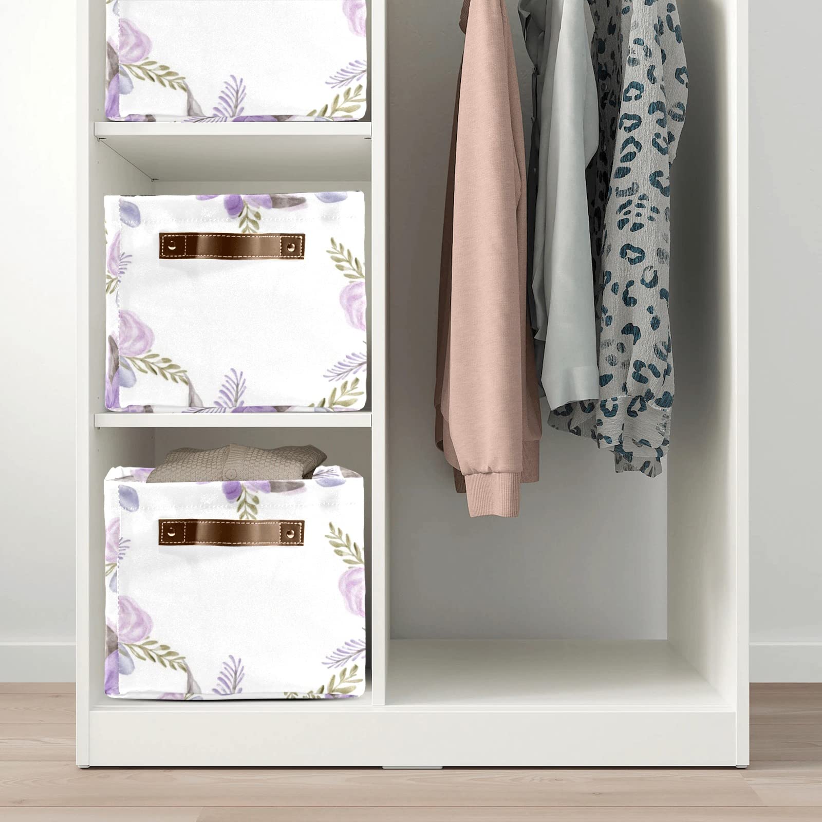 Purple Flower Personalized Custom Text Storage Bins with Handles Shelves Closet Storage Box 2 Pack