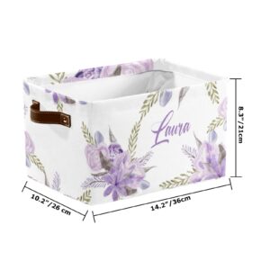 Purple Flower Personalized Custom Text Storage Bins with Handles Shelves Closet Storage Box 2 Pack