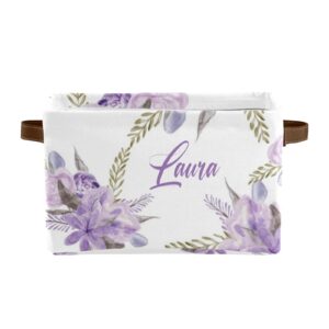 Purple Flower Personalized Custom Text Storage Bins with Handles Shelves Closet Storage Box 2 Pack