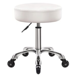 wkwker heavy duty rolling stool with wheels hydraulic swivel adjustable rolling stool ergonomic thick leather seat stool chair for kitchen drafting lab office salon message stool – white