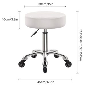 WKWKER Heavy Duty Rolling Stool with Wheels Hydraulic Swivel Adjustable Rolling Stool Ergonomic Thick Leather Seat Stool Chair for Kitchen Drafting Lab Office Salon Message Stool – White