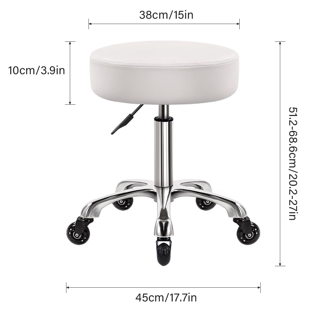 WKWKER Heavy Duty Rolling Stool with Wheels Hydraulic Swivel Adjustable Rolling Stool Ergonomic Thick Leather Seat Stool Chair for Kitchen Drafting Lab Office Salon Message Stool – White