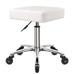 wkwker heavy duty rolling stool with wheels hydraulic swivel adjustable rolling stool ergonomic thick leather rectangle seat stool chair for kitchen drafting lab office salon message stool – white