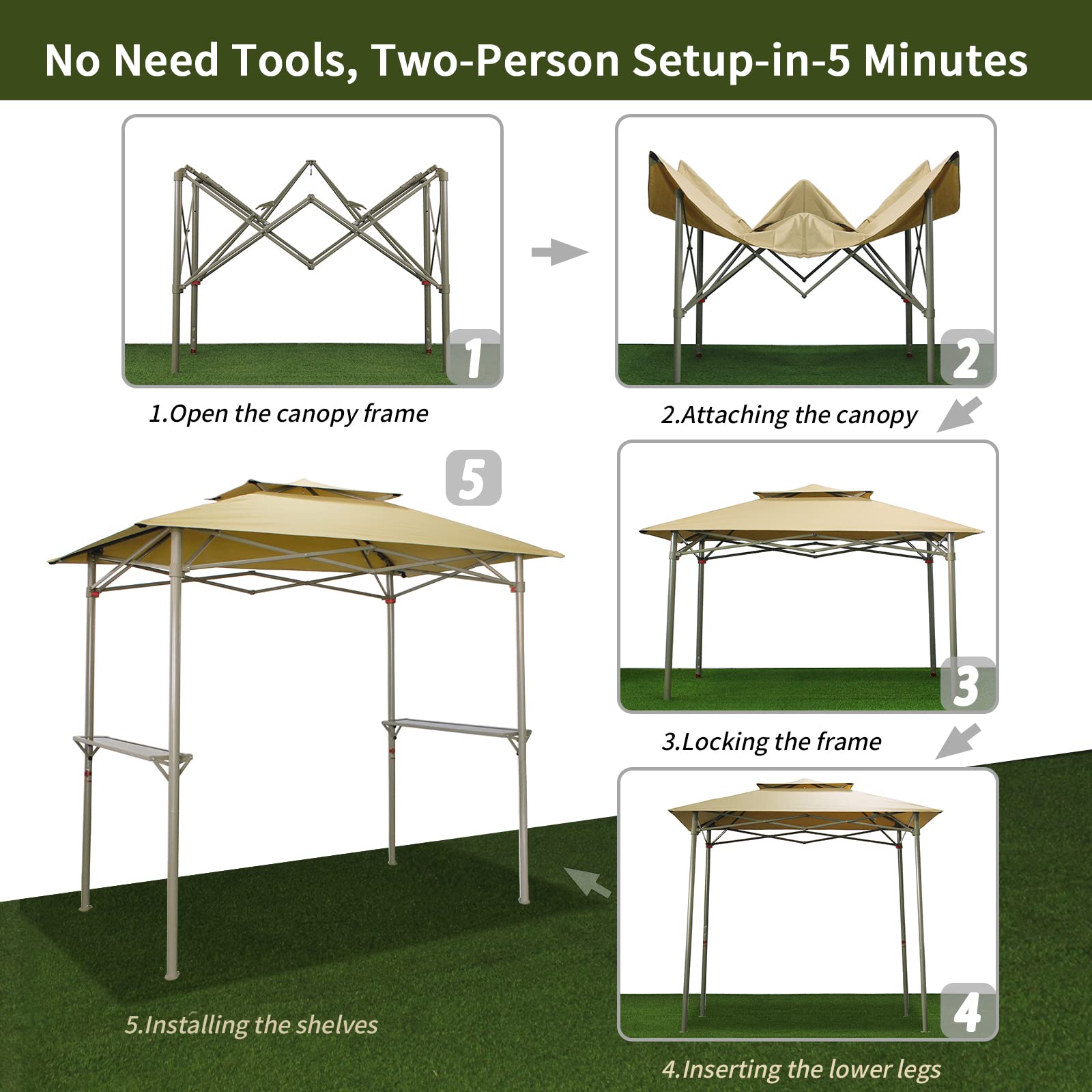 CROWN SHADES Grill Gazebo 8 x 5 Double Tiered Outdoor BBQ Gazebo Canopy with Two Handy Shelves (Beige)