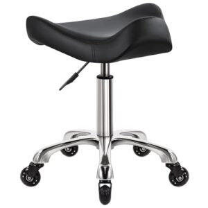 wkwker heavy duty rolling stool with wheels hydraulic swivel adjustable rolling stool ergonomic thick irregular leather seat stool chair for kitchen drafting lab office salon message stool – black
