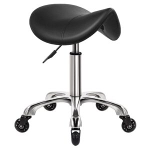wkwker heavy duty saddle rolling stool with wheels hydraulic swivel adjustable rolling stool ergonomic thick leather seat stool chair for kitchen drafting lab office salon message stool – black