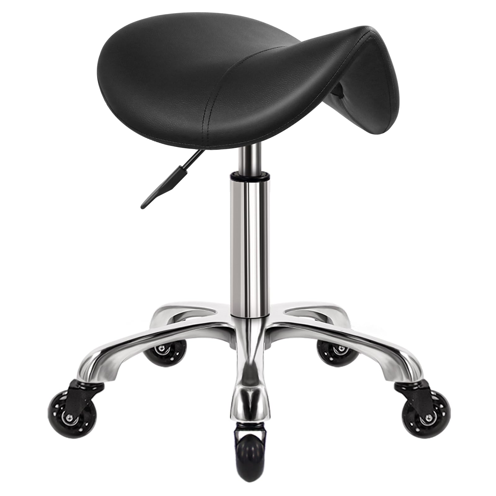 WKWKER Heavy Duty Saddle Rolling Stool with Wheels Hydraulic Swivel Adjustable Rolling Stool Ergonomic Thick Leather Seat Stool Chair for Kitchen Drafting Lab Office Salon Message Stool – Black