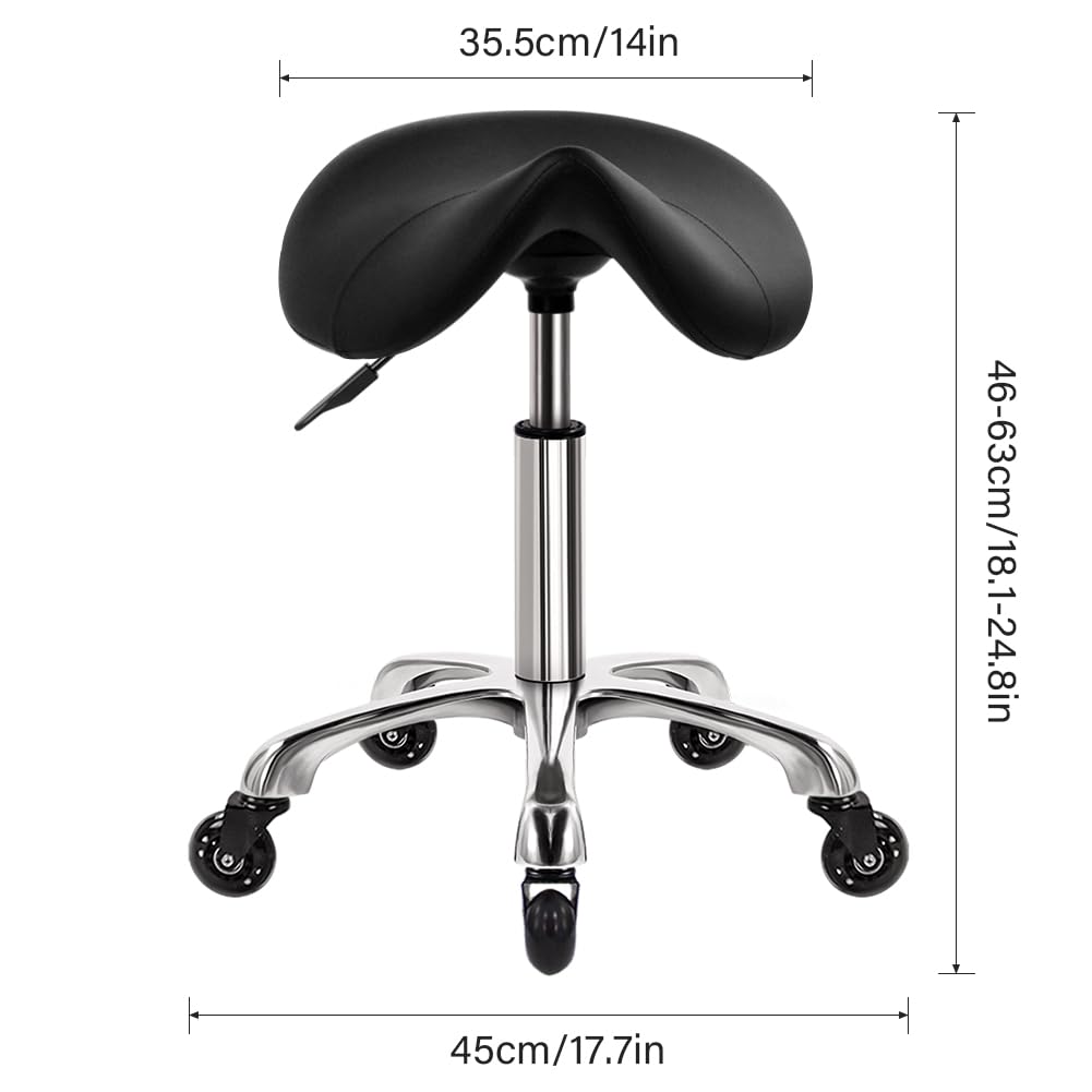 WKWKER Heavy Duty Saddle Rolling Stool with Wheels Hydraulic Swivel Adjustable Rolling Stool Ergonomic Thick Leather Seat Stool Chair for Kitchen Drafting Lab Office Salon Message Stool – Black