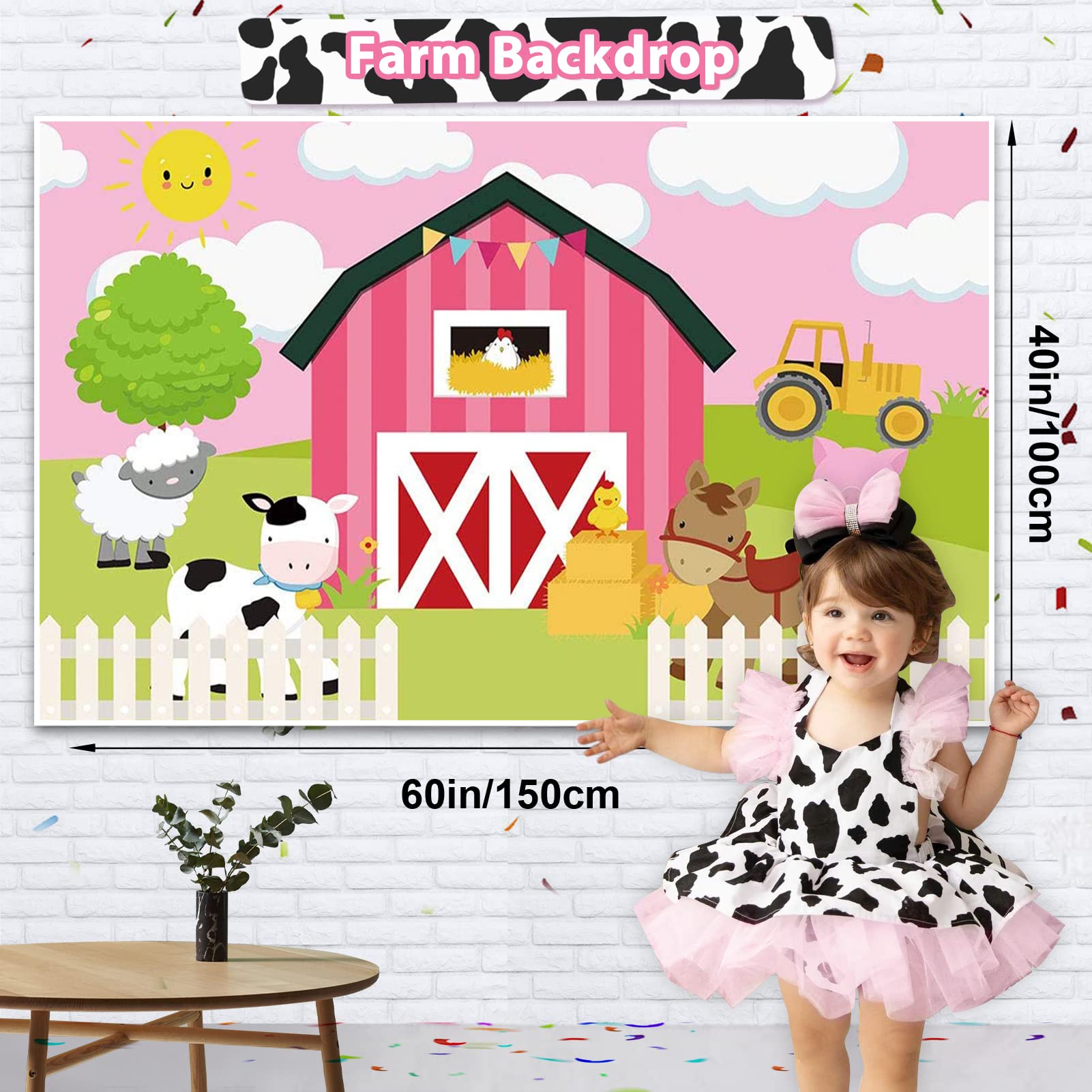 Winrayk Cow Birthday Party Decorations Supplies Farm Pink Cowgirl Cow Print Balloon Arch with Farm Backdrop Cow Print Tablecloth Cow Balloons Cow Print Party Decorations Kids Cow Birthday Decorations