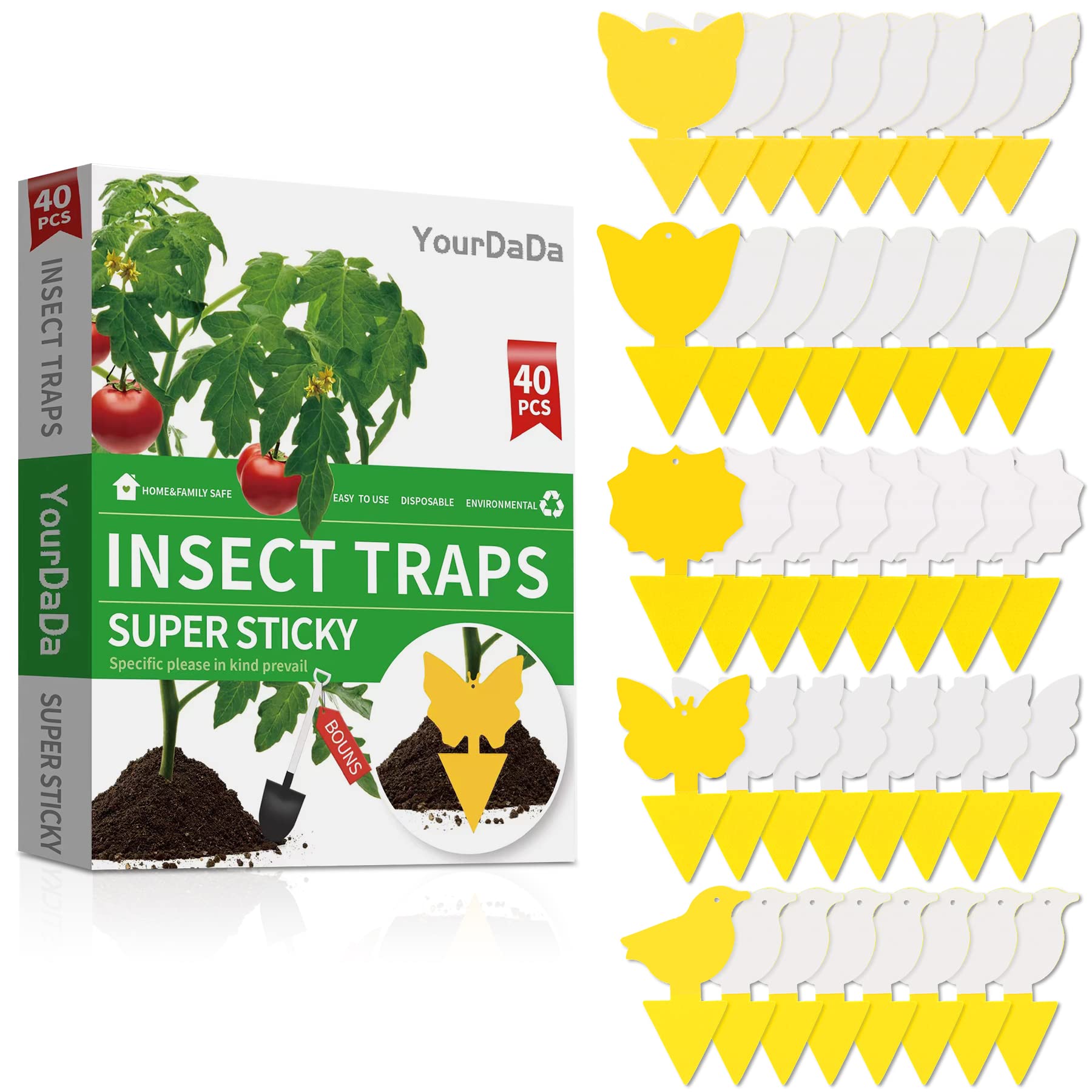 40 Pcs 5 Shapes Yellow Extremely Sticky Traps for Fruit Fly, Whitefly, Fungus Gnat, Insect Catcher Traps for Indoor/Houseplants/Kitchen, Protect The Plant, Non-Toxic, Odorless, Pet & Kid Safe