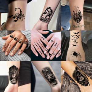 Rejaski 60 Sheets Ferocious Lion Tiger Temporary Tattoos For Men Women Arm Neck, Scary Devil Skull Skeleton Fake Tattoos For Adult Teens Halloween, Black 3D Wolf Dragon Realistic Tatoo Sticker Forearm