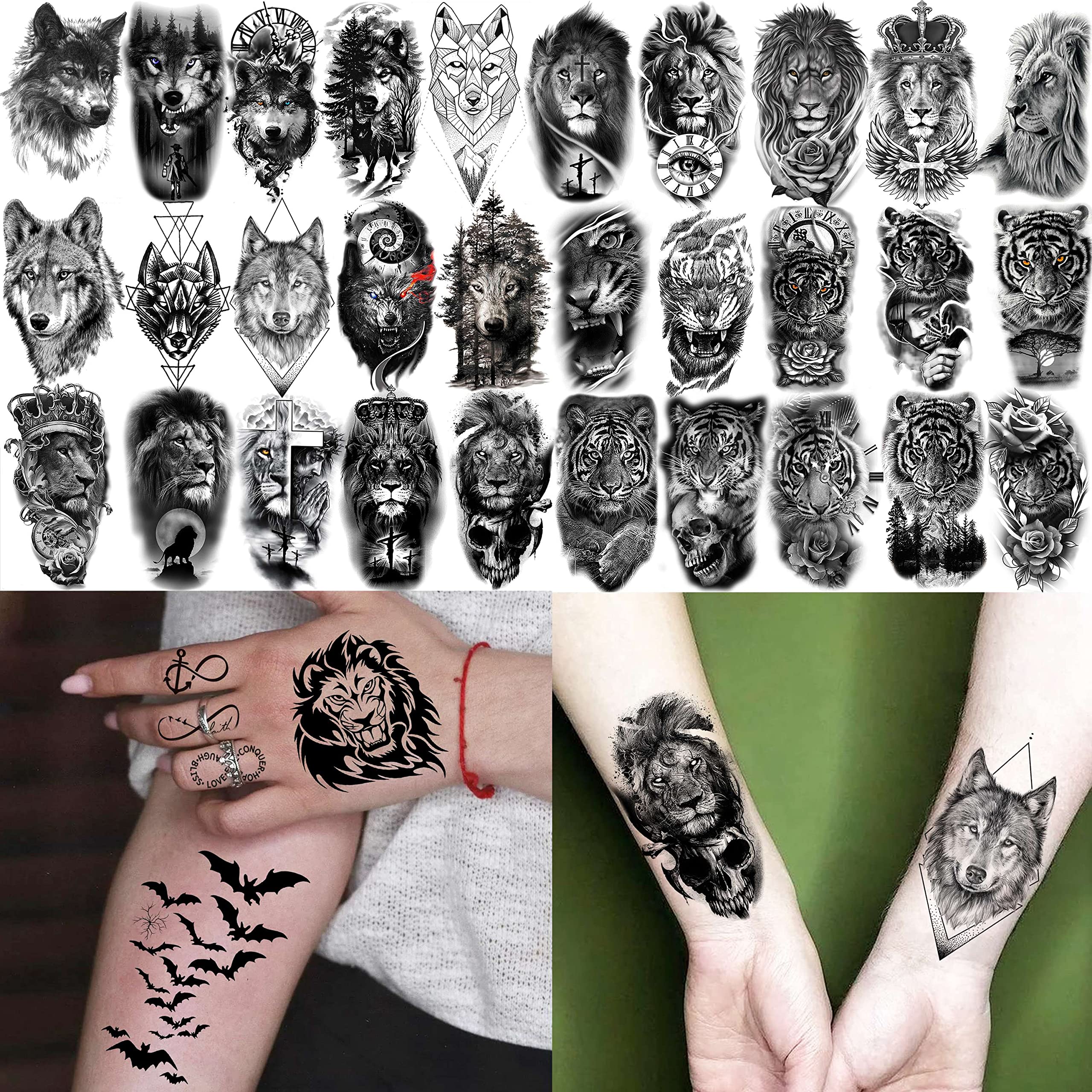 Rejaski 60 Sheets Ferocious Lion Tiger Temporary Tattoos For Men Women Arm Neck, Scary Devil Skull Skeleton Fake Tattoos For Adult Teens Halloween, Black 3D Wolf Dragon Realistic Tatoo Sticker Forearm