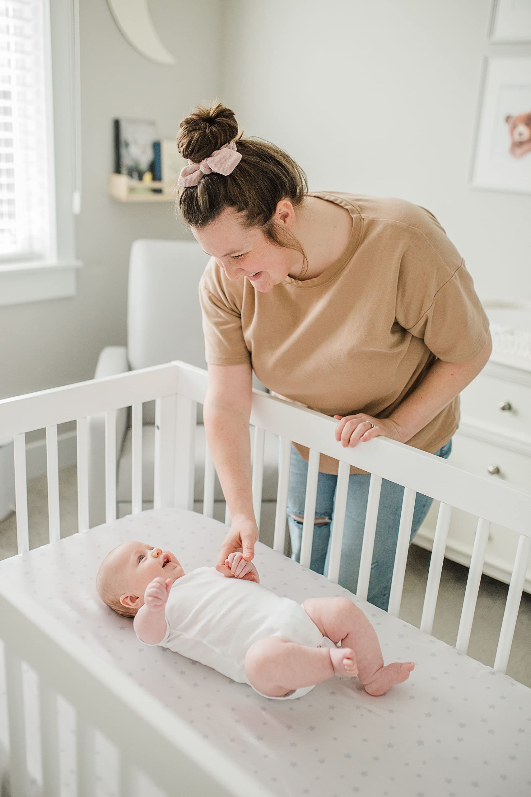 CutieCozy Satin Fitted Crib Sheet (2 Pack) Premium Oeko-TEX Certified Satin Crib Sheet Set, Prevents Bald Spots Like Silk Crib Sheets for Baby Hair (White with Light Gray Hearts & Stars)