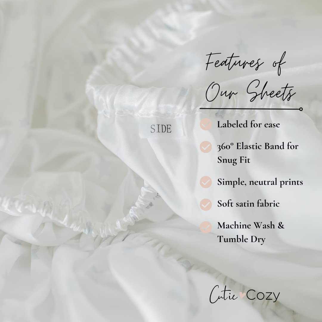 CutieCozy Satin Fitted Crib Sheet (2 Pack) Premium Oeko-TEX Certified Satin Crib Sheet Set, Prevents Bald Spots Like Silk Crib Sheets for Baby Hair (White with Light Gray Hearts & Stars)