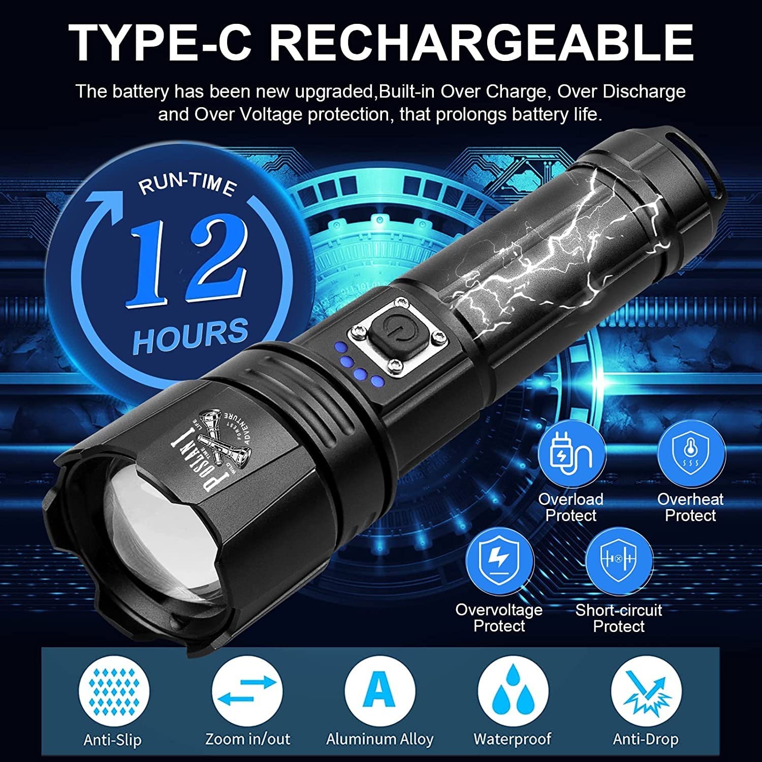 Poslani Flashlights LED High Lumens Rechargeable,Brightest 950000 lumens Flash Light, High Power Tactical Flashlight,Handheld Waterproof Flashlights for Emergency Camping Gift