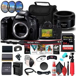 canon eos 5ds r dslr camera (body only) (0582c002) + canon ef 50mm lens + 64gb memory card + filter kit + lpe6 battery + external charger + card reader + corel photo software + case + more (renewed)