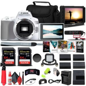 canon eos 250d / rebel sl3 dslr camera (body only) + (white) 4k monitor + pro mic + 2 x 64gb memory card + 3 x lpe17 battery + external charger + card reader + led light + more (renewed)