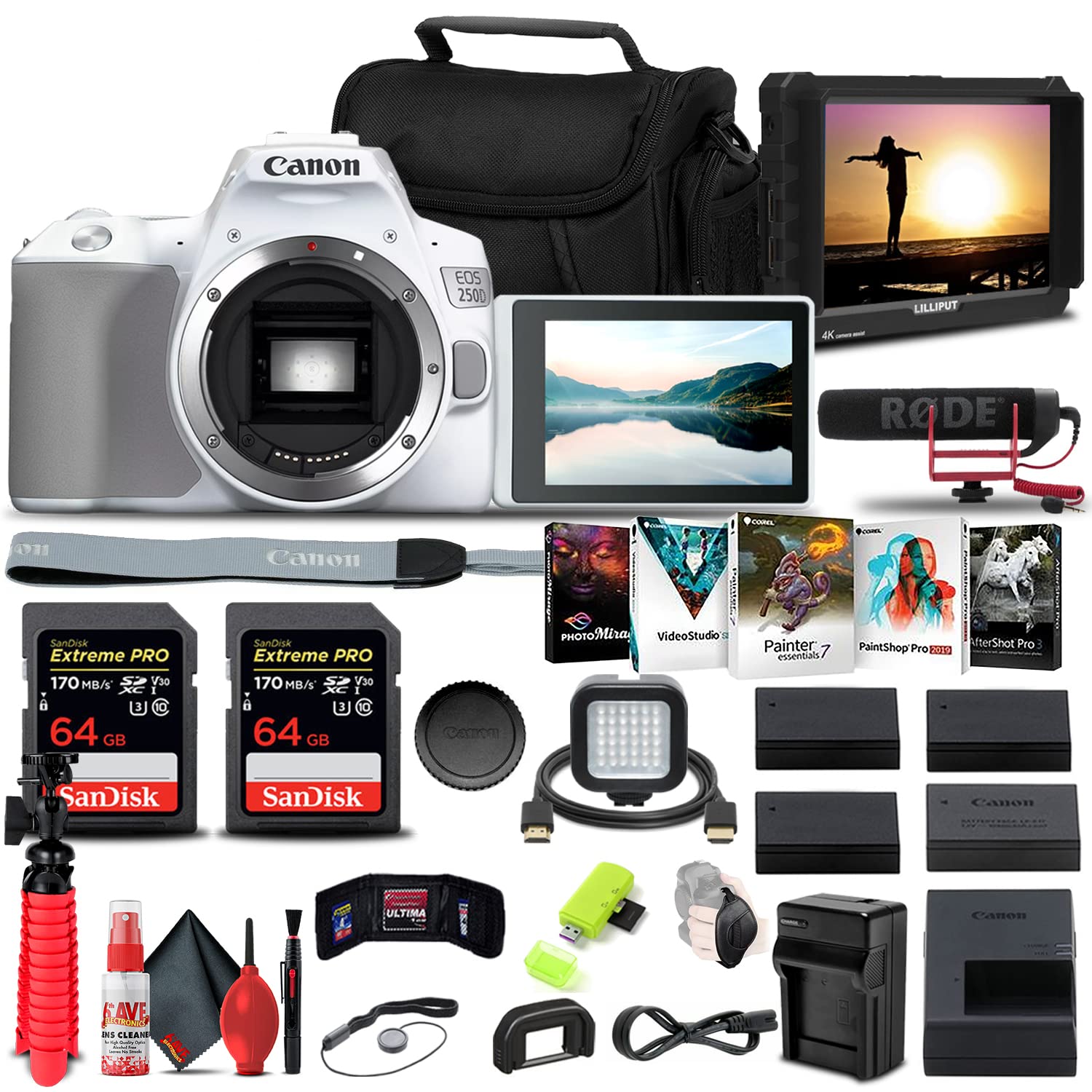 Canon EOS 250D / Rebel SL3 DSLR Camera (Body Only) + (White) 4K Monitor + Pro Mic + 2 x 64GB Memory Card + 3 x LPE17 Battery + External Charger + Card Reader + LED Light + More (Renewed)