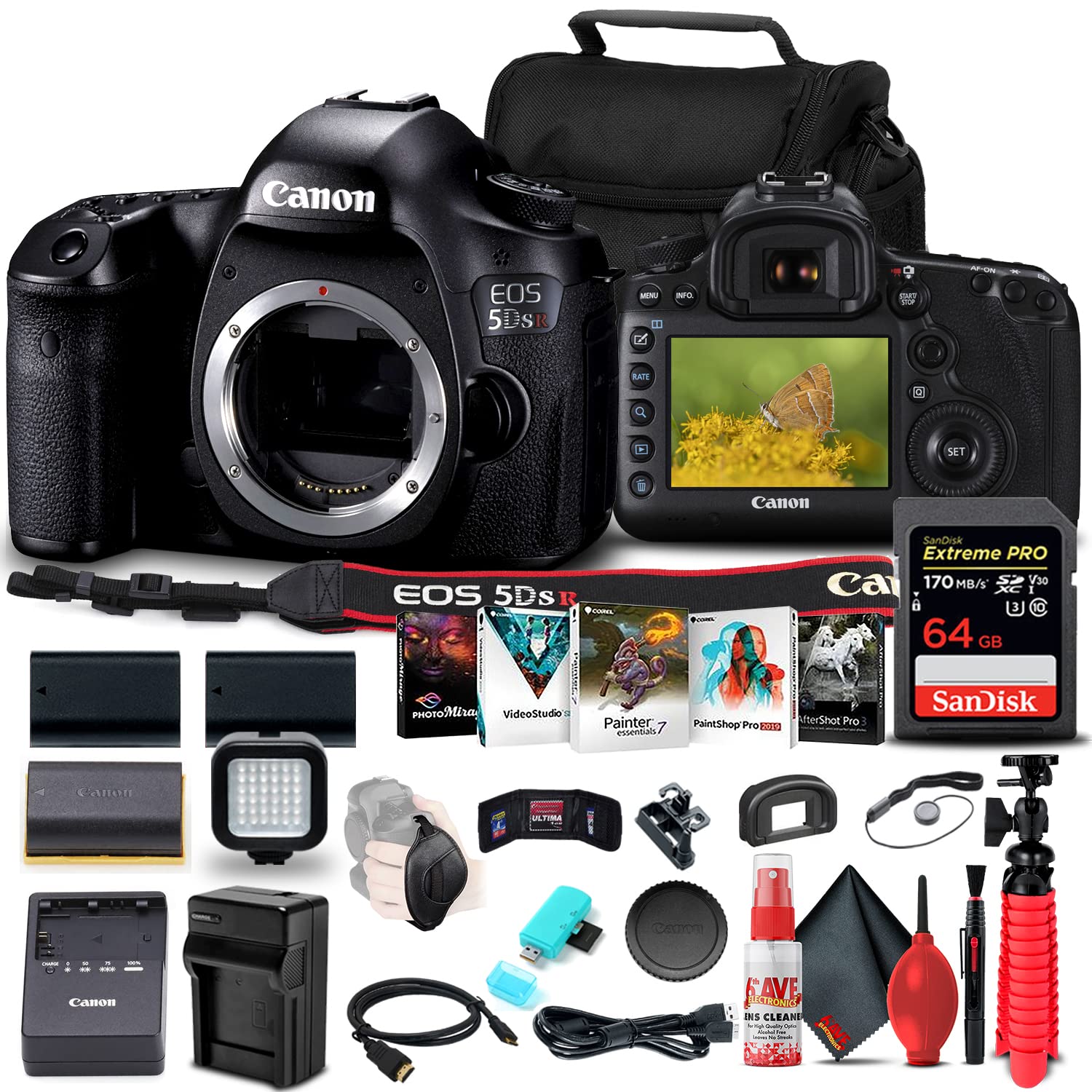 Canon EOS 5DS R DSLR Camera (Body Only) (0582C002) + 64GB Memory Card + 2 x LPE6 Battery + Charger + Card Reader + LED Light + Corel Photo Software + Case + Flex Tripod + HDMI Cable + More (Renewed)