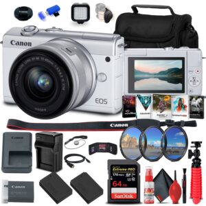 canon eos m200 mirrorless camera with 15-45mm lens (white) (3700c009) + 64gb memory card + filter kit + 2 x lpe12 battery + charger + card reader + led light + corel photo software + more (renewed)